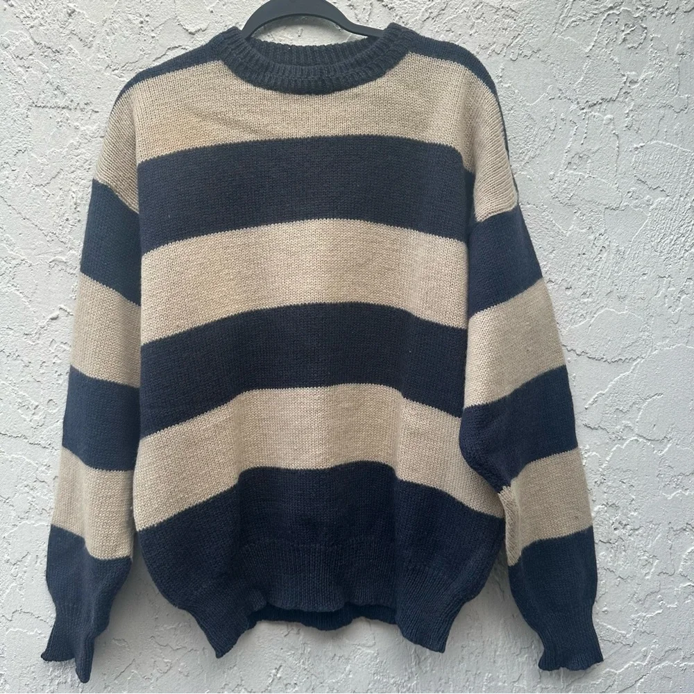 BOSTON TRADERS Sweater Men XL 100% Wool Stripe Rugby Crew Preppy - Picture 1 of 5